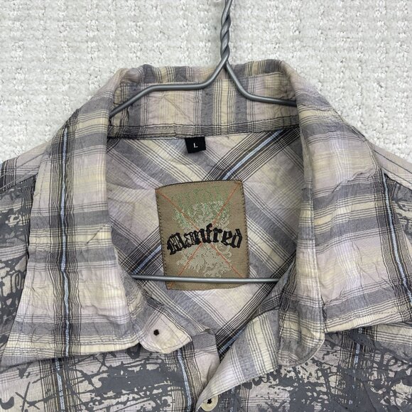 Y2K Manfred Plaid Button Up Shirt Goth Punk Doodle Script Graphic AOP Mens L - Picture 5 of 13
